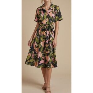 Moon Orchid Black Tropical Print Tie Waist Midi Shirt Button-down Dress XL NWOT